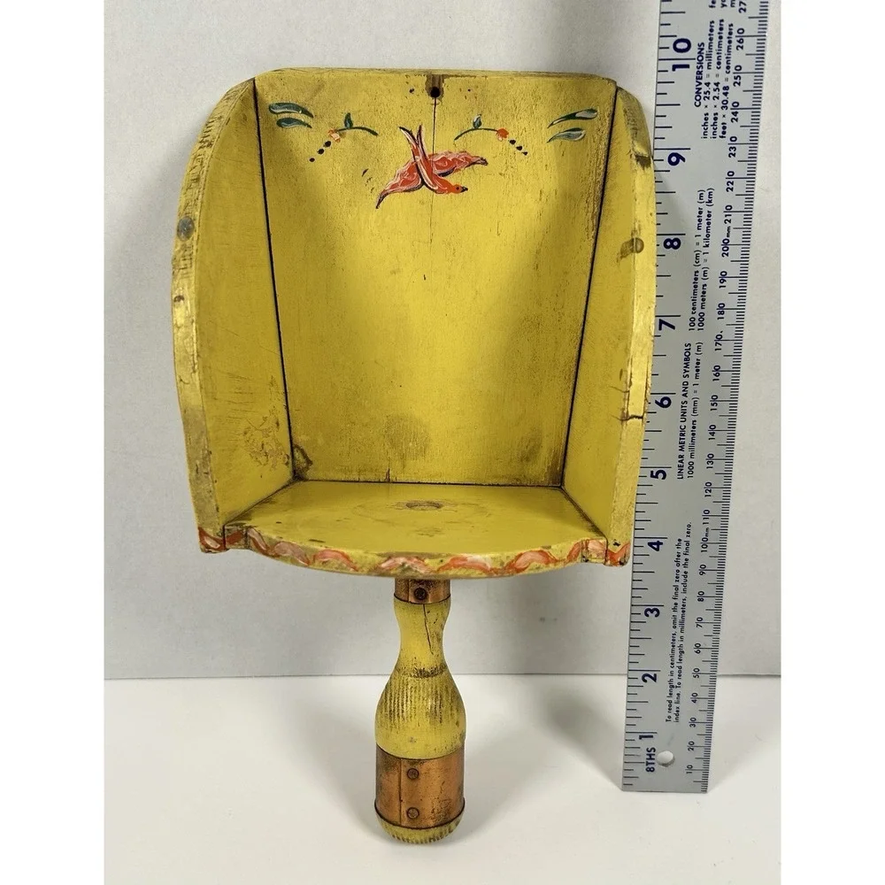 Folk Art Painted Wooden Grain Scoop Wall Decor Shelf Yellow Bird Antique
